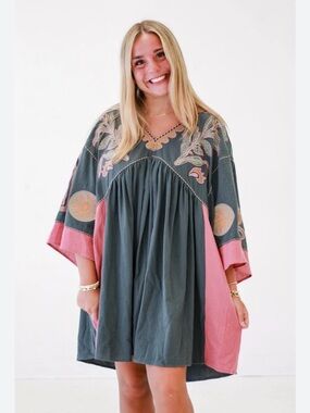 NWT Easel - Bohemian EmbroiderDusty Teal and Rose V-Neck Baby Doll Dress